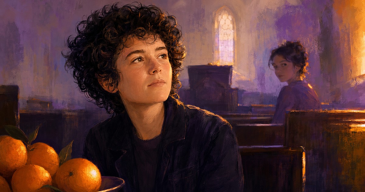 Illustration de Jeanette Winterson adolescente, oranges au premier plan, dans une communaute pentecotiste anglaise - Les oranges ne sont pas les seuls fruits
